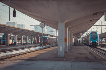 Modern double decker train is standing in the city centre in Ljubljana railway station on morning...