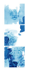 A combination of watercolor spots, splashes and tiger head images for the design of postcards, posters and other printed products. Blue and light blue color.