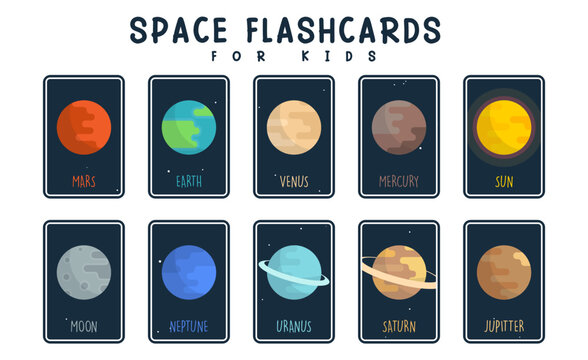 Cartoon planets flashcards set and solar system cards for kids play flat vector illustration.