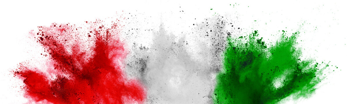 colorful italian tricolore flag red white green color holi paint powder explosion isolated background. italy europe celebration tifosi soccer travel tourism concept
