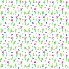 A pattern with tulips and leaves and flowers of an apple tree