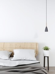 Cool room wall mockup, modern bed, ornamental plant and lamp. 3d rendering, interior design, 3d illustration