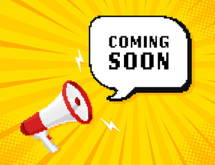 Coming soon megaphone on white background for flyer design. Vector illustration in pixel style