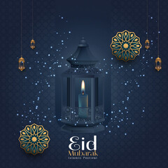 Eid Mubarak, beautiful Ramadan Kareem greeting card design with mandala art Islamic calligraphy,  background with beautiful lanterns mosque Miner and Islamic Arabic