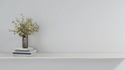 Gray wall mockup with books and ornamental plant. 3d rendering, interior design, 3d illustration