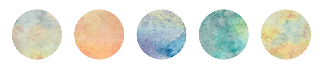 Abstract watercolor background in a circle, set of five pieces. drawn planets