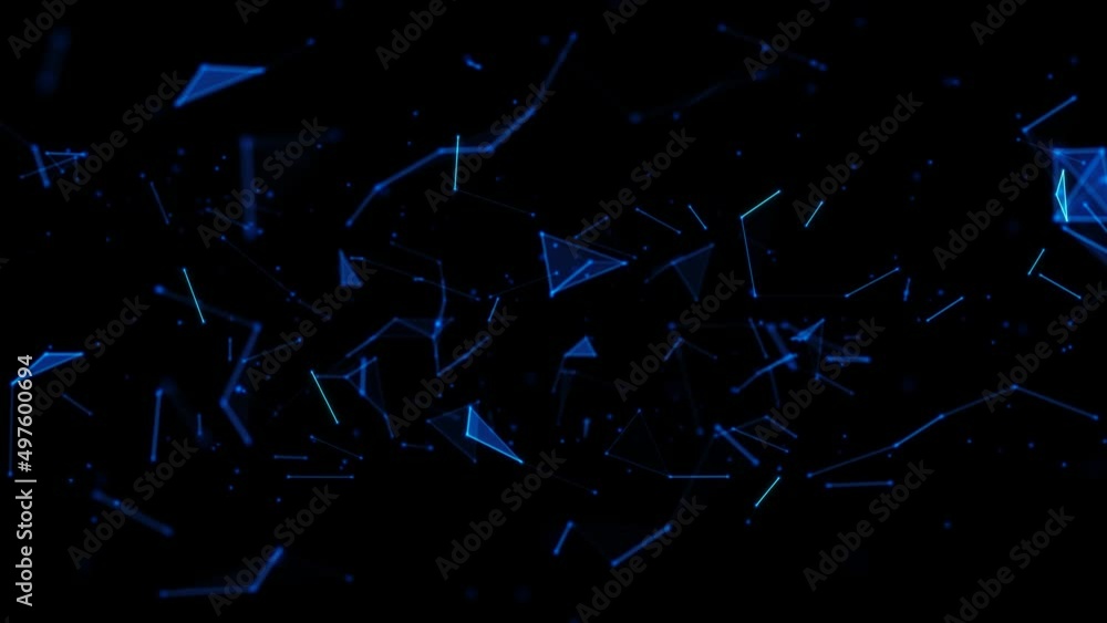 Poster Animation of the movement of chaotic particles. A pattern of glowing neon connecting lines, triangles, dots. Outer space. Shards of glass. Destroyed plexuses. 3d rendering. Alpha channel. 4k