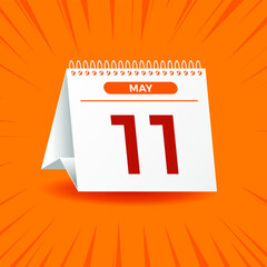 White calendar on orange background. May 11th. Vector. 3D illustration.