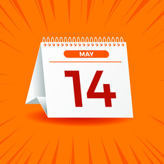 White calendar on orange background. May 14th. Vector. 3D illustration.