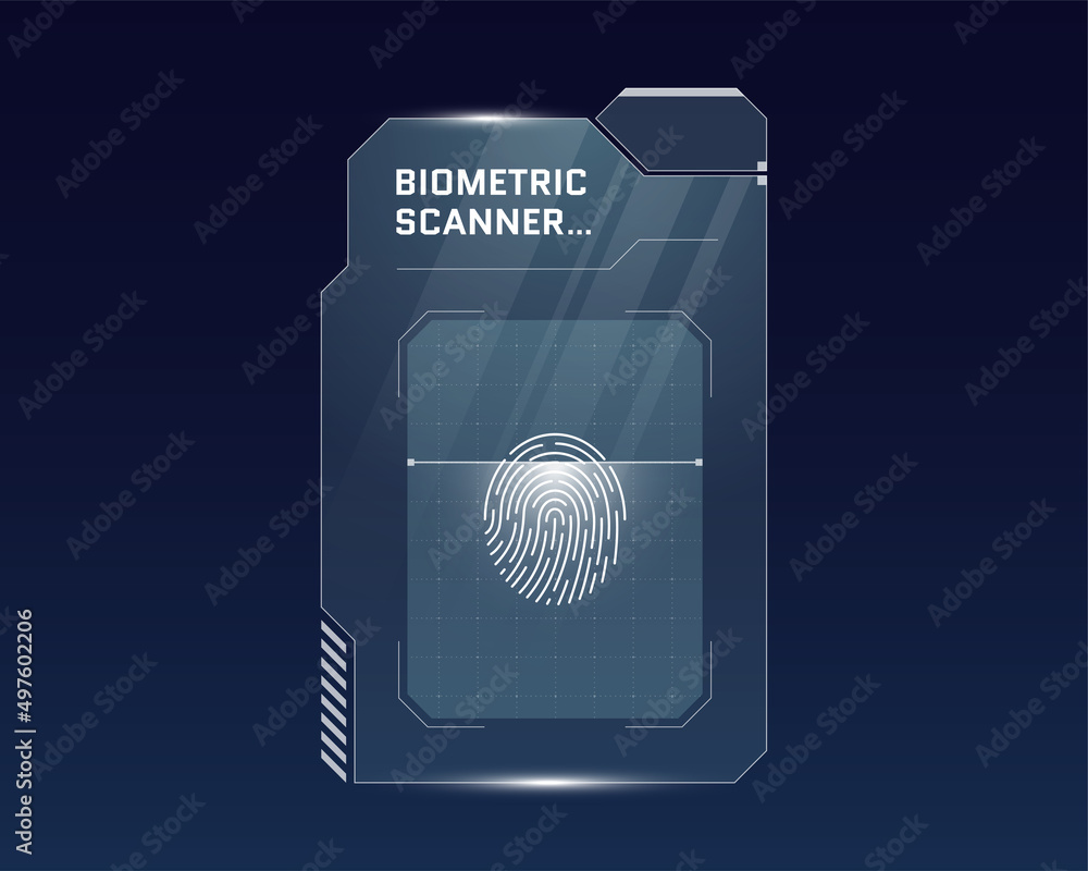 Poster hud digital futuristic user interface finger scan panel. sci fi high tech protection glowing screen.