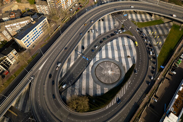 Aerial view of transit roundabout  intersection near Utrecht in Dutch landscape. Infrastructure, engineering and urban transportation in The Netherlands