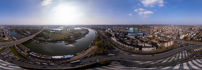 Dutch landscape aerial 360 degrees panorama of Arnhem intersection roundabout. Urban development...