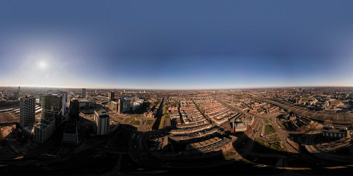 Full 360 Degrees Aerial Panorama Of Utrecht Central Train Station And Financial District Area In The Morning With Lombok Neighbourhood. Equirectangular Projection Ready For VR.