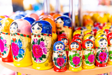 Russian folk souvenirs nesting dolls. Tourism in Russia.