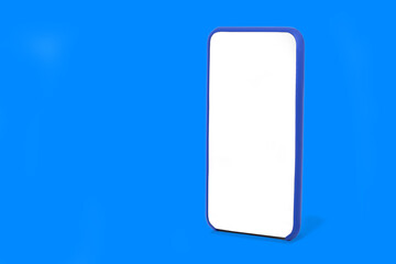 The layout of a modern device. Vector realistic smartphone template. A phone frame with an empty display isolated on a blue background. Stock illustration with copy space