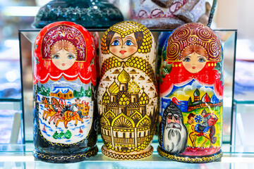 Russian folk souvenirs nesting dolls. Tourism in Russia.