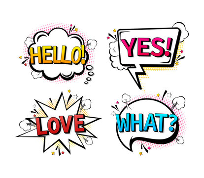 Comic speech bubbles set with different emotions and text Hello, Love, What, Yes. Pop style illustration