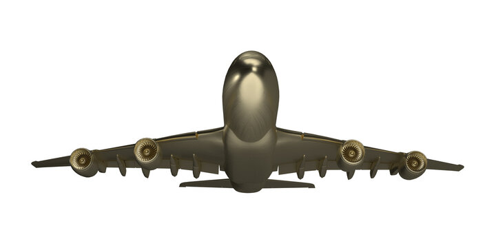 Isolated 3D illustration, Bottom View of Gold Metallic Airplane on White Background. Golden Metal Design Pattern on Aircraft with Copper Polish.