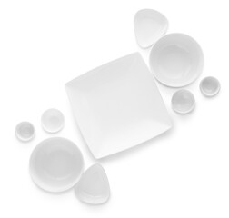 Set of stylish dinnerware on white background