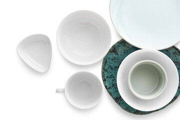Set of stylish dinnerware on white background