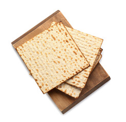 Wooden board with Jewish flatbread matza for Passover on white background