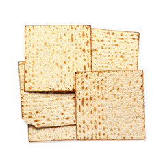 Jewish flatbread matza for Passover on white background, top view
