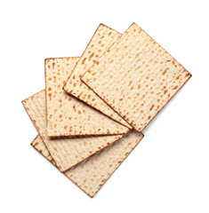 Jewish flatbread matza for Passover on white background, top view
