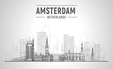 Amsterdam line skyline with panorama in white background. Vector Illustration. Business travel and tourism concept with modern buildings. Image for presentation, banner, website.