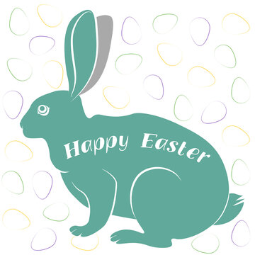  Vector linear illustration "Happy Easter" with silhouette of a rabbit and multicolored eggs on white background; The Holiday card for spring holidays