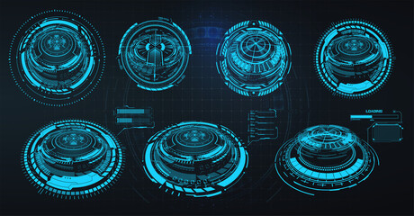HUD futuristic white element. Set Circle Abstract Digital Technology UI Futuristic. Circle geometric shape. HUD aim controls and digital gauges. Digital screen interface future Sci Fi technology. 