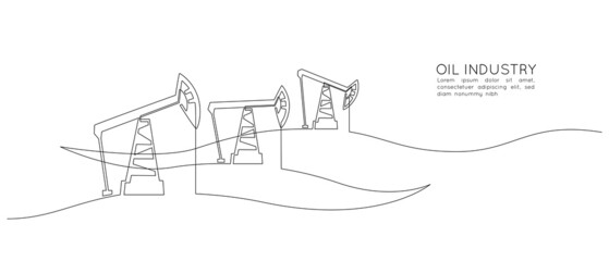 One continuous line drawing of Oil pumps jacks among hilly landscape. Pump stations and derrick petroleum production and trade industry in simple linear style. Doodle vector illustration