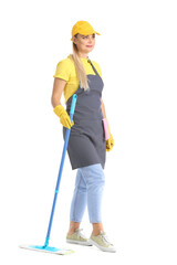 Worker of cleaning service with mop on white background