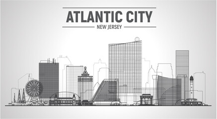 Atlantic City (New Jersey) line skyline on white background. Flat vector illustration. Business travel and tourism concept with modern buildings. Image for a banner website. © Serhii