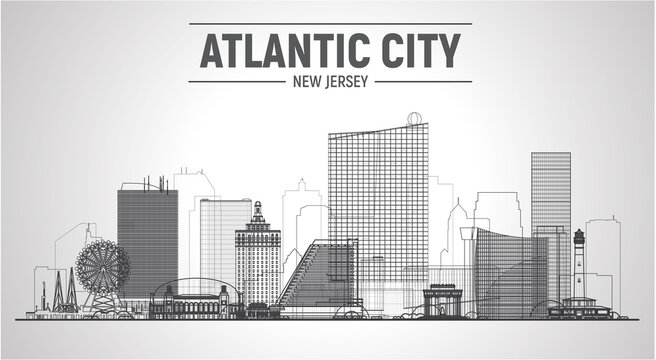 Atlantic City (New Jersey) line skyline on white background. Flat vector illustration. Business travel and tourism concept with modern buildings. Image for a banner website.