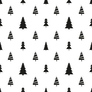 Seamless pattern with christmas trees. Abstract geometric wallpaper. Print for textile, flyer or poster. Artwork for design. Black and white illustration
