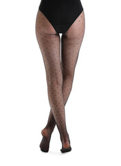 Beautiful young woman in black tights isolated on white, back view