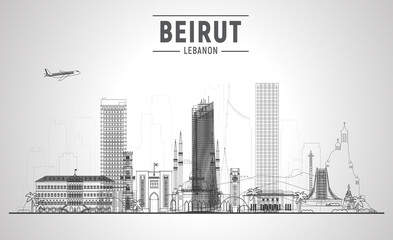 Beirut Lebanon line skyline with panorama in sky background. Vector Illustration. Business travel and tourism concept with modern buildings. Image for banner or website. - obrazy, fototapety, plakaty