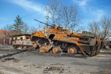 Smashed russian tanks. Burned tanks. War in Ukraine.