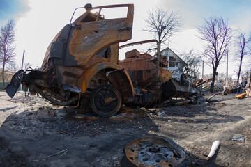 Smashed russian tanks. Burned tanks. War in Ukraine.