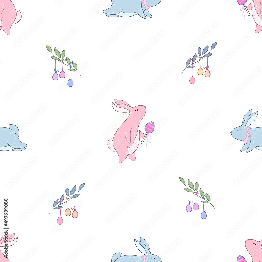 Aufkleber seamless pattern with different easter eggs and rabbit.