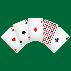Playing cards isolated on green background, vector illustration.