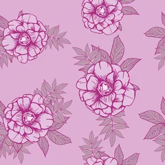 Poster Anemone purple flowers and leaves seamless pattern background. Tropical nature wrapping paper or textile design. Beautiful print with hand-drawn exotic plants. © Carrie