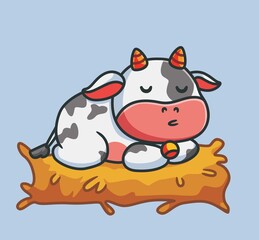 cute cow sleeping on straw. isolated cartoon animal nature illustration. Flat Style suitable for Sticker Icon Design Premium Logo vector. Mascot Character