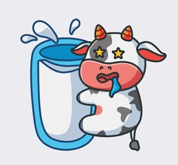 cute cow drink milk on giant glass. isolated cartoon animal nature illustration. Flat Style suitable for Sticker Icon Design Premium Logo vector. Mascot Character