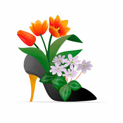 Vector isolated illustration with an elegant women s high heeled shoe, inside of which is a bouquet of tulips and liverworts. You can use the element in postcards, web design, banners, etc.