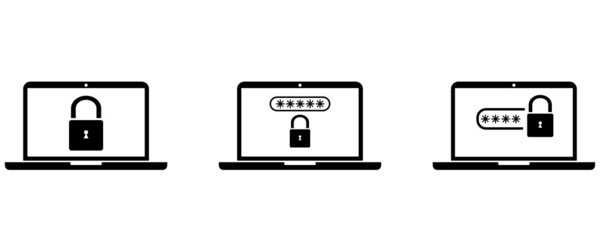 Laptop icons with password and lock icon isolated on a white background. Identification and protection simbol.