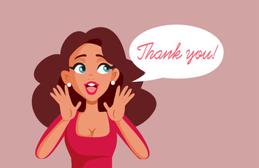 Grateful Thanking Woman with Speech Bubble Vector Illustration