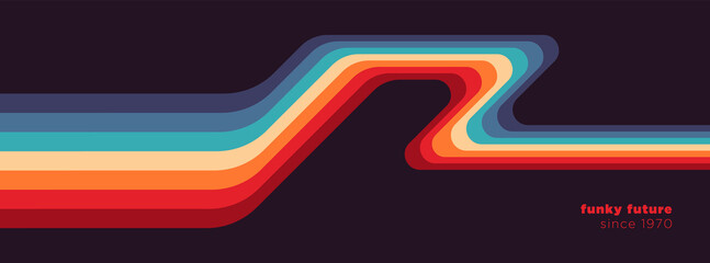 Simple abstract 1970's background design in futuristic retro style with colorful lines. Vector illustration. - obrazy, fototapety, plakaty