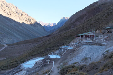 Naklejka premium Thermal water pools at Termas Valle de Colina, Cajón del Maipo, a popular tourist destination in Chile, South America