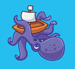Cute octopus destroy the boat. isolated cartoon animal nature illustration. Flat Style Sticker Icon Design Premium Logo vector. Mascot Character